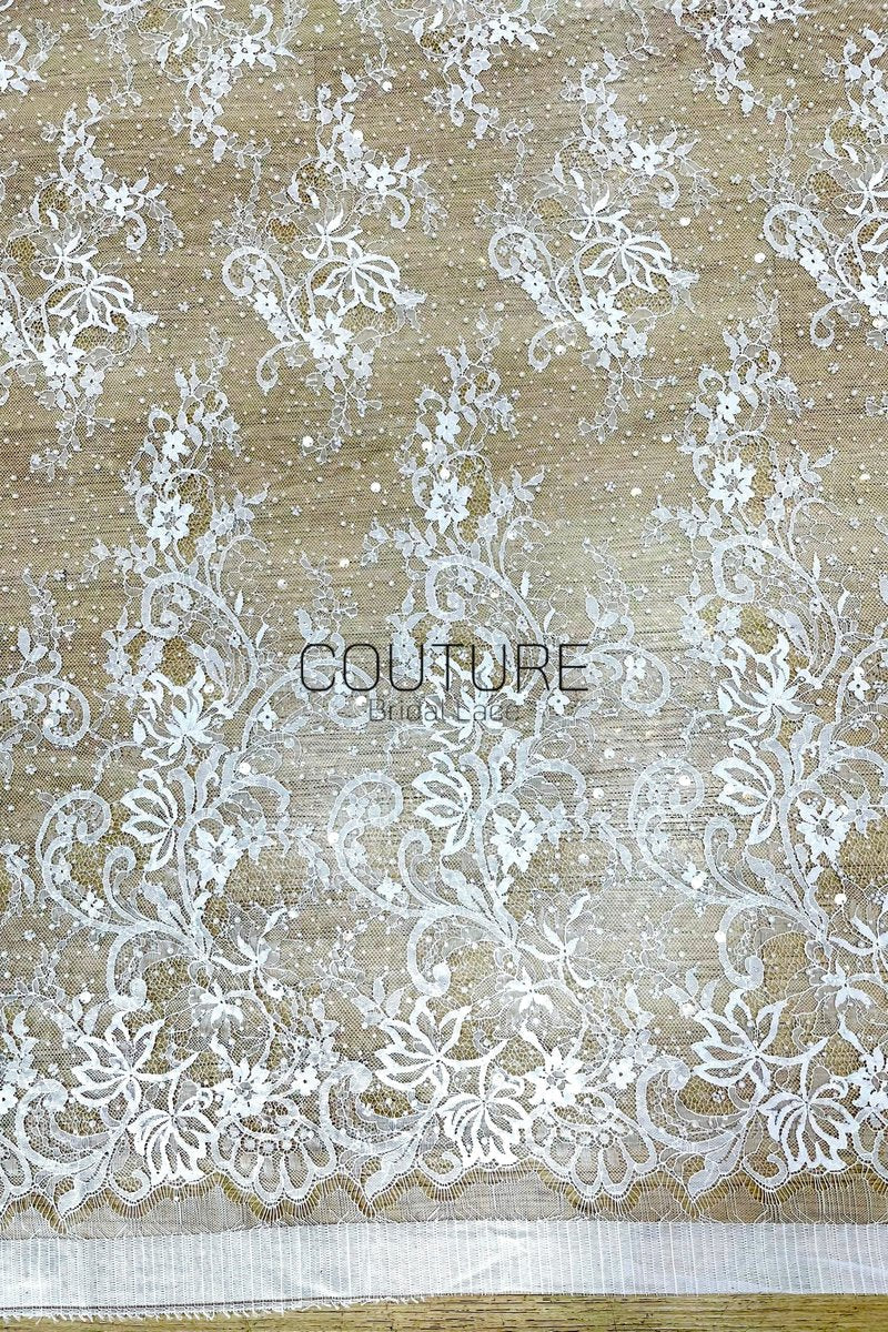 Beaded Chantilly Lace: Ivory Ornate Floral Scrollwork with Elaborate Scalloped Floral Edge Trim, 3 Meters