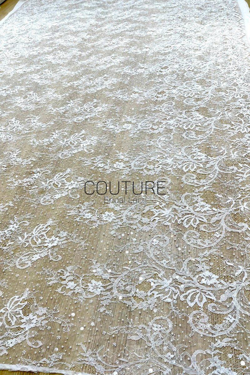 Beaded Chantilly Lace: Ivory Ornate Floral Scrollwork with Elaborate Scalloped Floral Edge Trim, 3 Meters