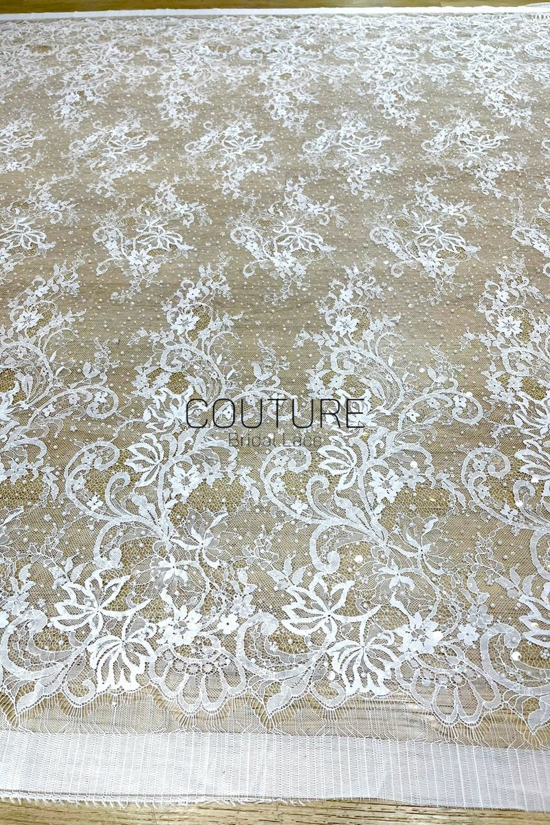 Beaded Chantilly Lace: Ivory Ornate Floral Scrollwork with Elaborate Scalloped Floral Edge Trim, 3 Meters