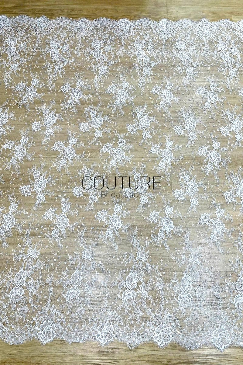 Beaded Chantilly Lace: White Delicate Floral Scrollwork with Scalloped Eyelash Fringe Edge, 3 Meters