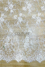 Beaded Chantilly Lace: White Delicate Floral Scrollwork with Scalloped Eyelash Fringe Edge, 3 Meters