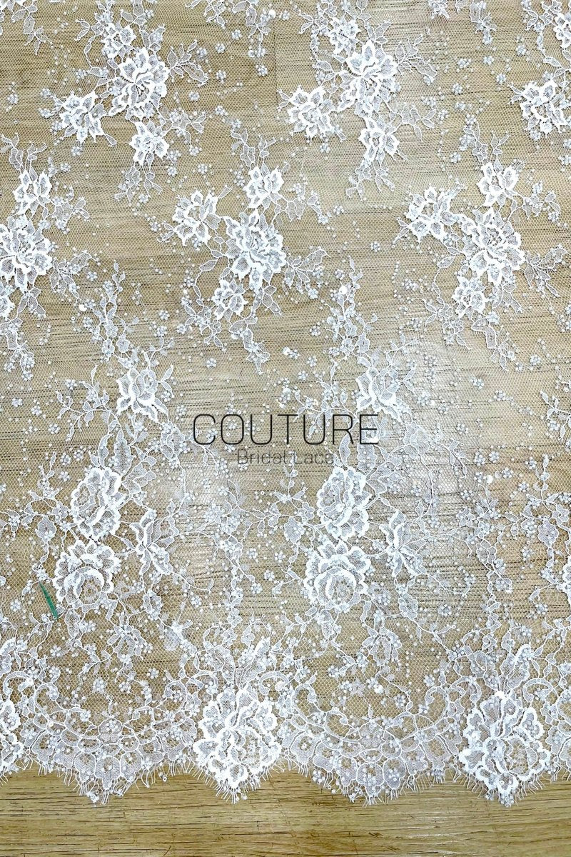 Beaded Chantilly Lace: White Delicate Floral Scrollwork with Scalloped Eyelash Fringe Edge, 3 Meters