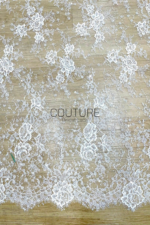 Beaded Chantilly Lace: White Delicate Floral Scrollwork with Scalloped Eyelash Fringe Edge, 3 Meters