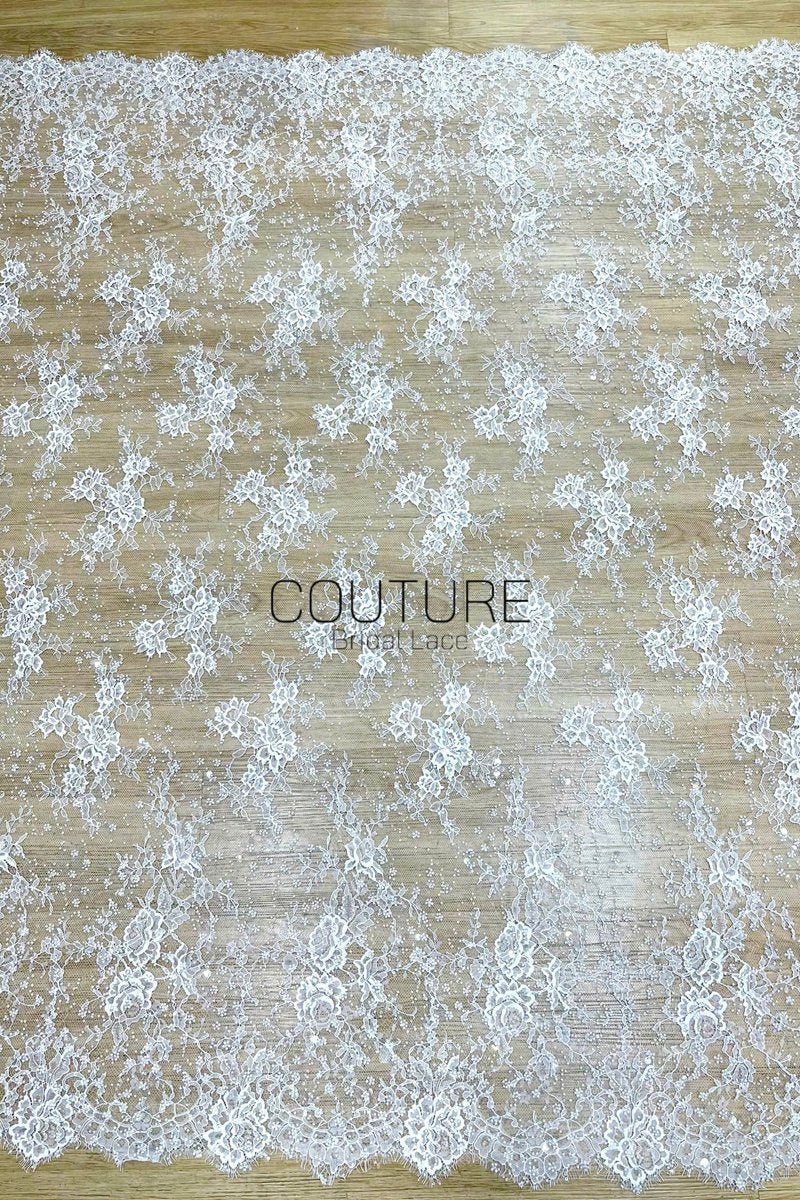 Beaded Chantilly Lace: White Delicate Floral Scrollwork with Scalloped Eyelash Fringe Edge, 3 Meters