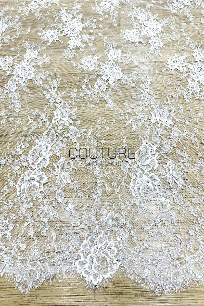 Beaded Chantilly Lace: White Delicate Floral Scrollwork with Scalloped Eyelash Fringe Edge, 3 Meters