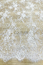 Beaded Chantilly Lace: White Delicate Floral Scrollwork with Scalloped Eyelash Fringe Edge, 3 Meters