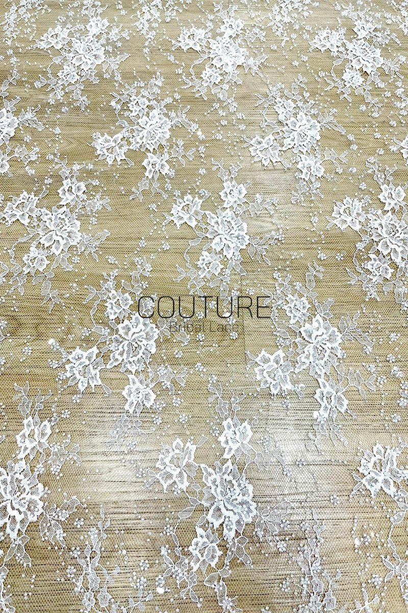 Beaded Chantilly Lace: White Delicate Floral Scrollwork with Scalloped Eyelash Fringe Edge, 3 Meters