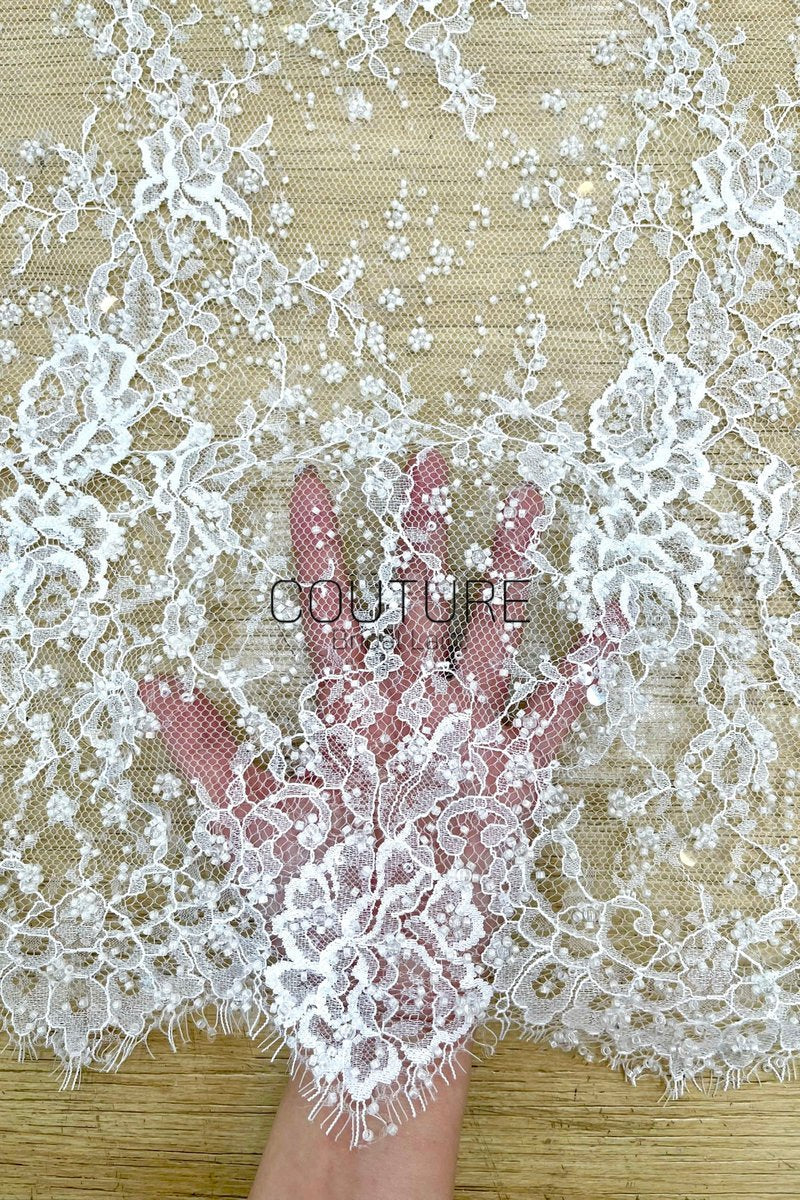 Beaded Chantilly Lace: White Delicate Floral Scrollwork with Scalloped Eyelash Fringe Edge, 3 Meters