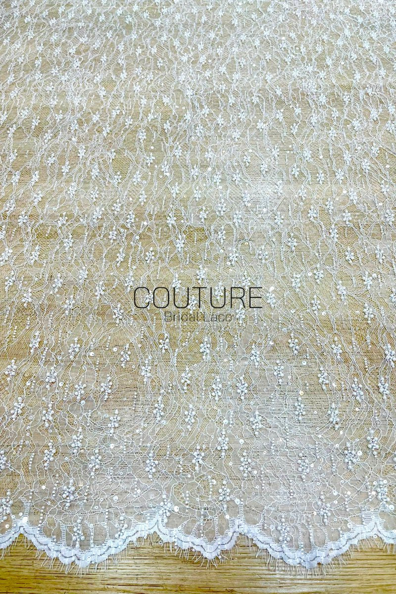 Beaded Chantilly Lace: Ivory Delicate Floral Scrollwork with Scalloped Eyelash Fringe Edge, 3 Meters