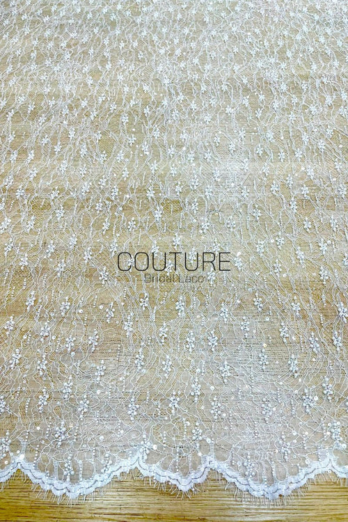 Beaded Chantilly Lace: Ivory Delicate Floral Scrollwork with Scalloped Eyelash Fringe Edge, 3 Meters