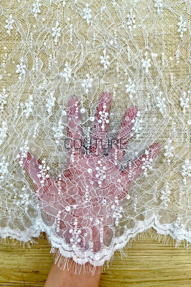 Beaded Chantilly Lace: Ivory Delicate Floral Scrollwork with Scalloped Eyelash Fringe Edge, 3 Meters