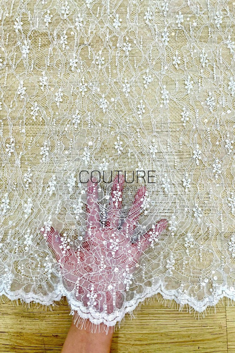 Beaded Chantilly Lace: Ivory Delicate Floral Scrollwork with Scalloped Eyelash Fringe Edge, 3 Meters