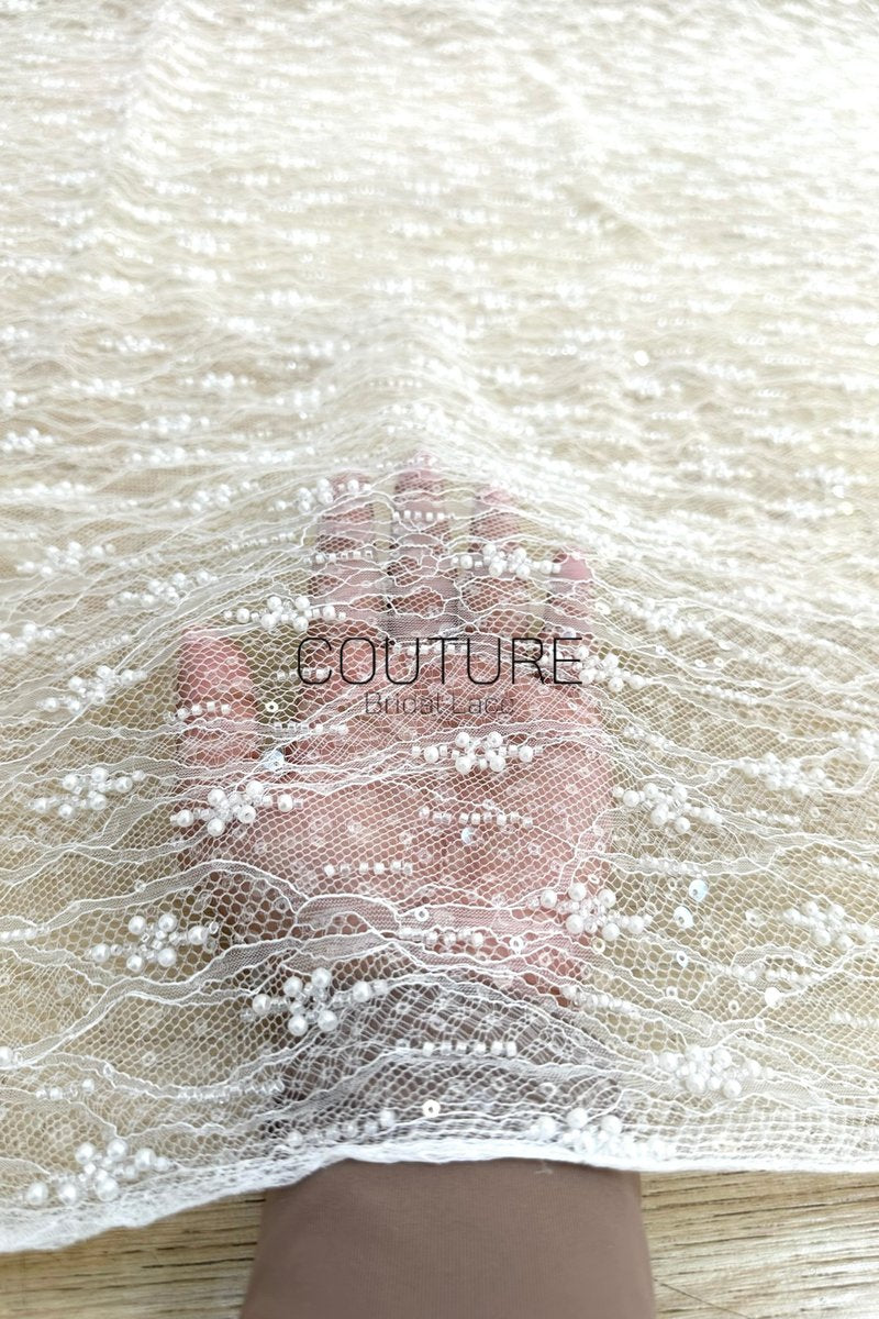 Beaded Chantilly Lace: Ivory Delicate Floral Scrollwork with Scalloped Eyelash Fringe Edge, 3 Meters