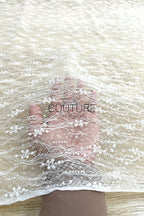 Beaded Chantilly Lace: Ivory Delicate Floral Scrollwork with Scalloped Eyelash Fringe Edge, 3 Meters
