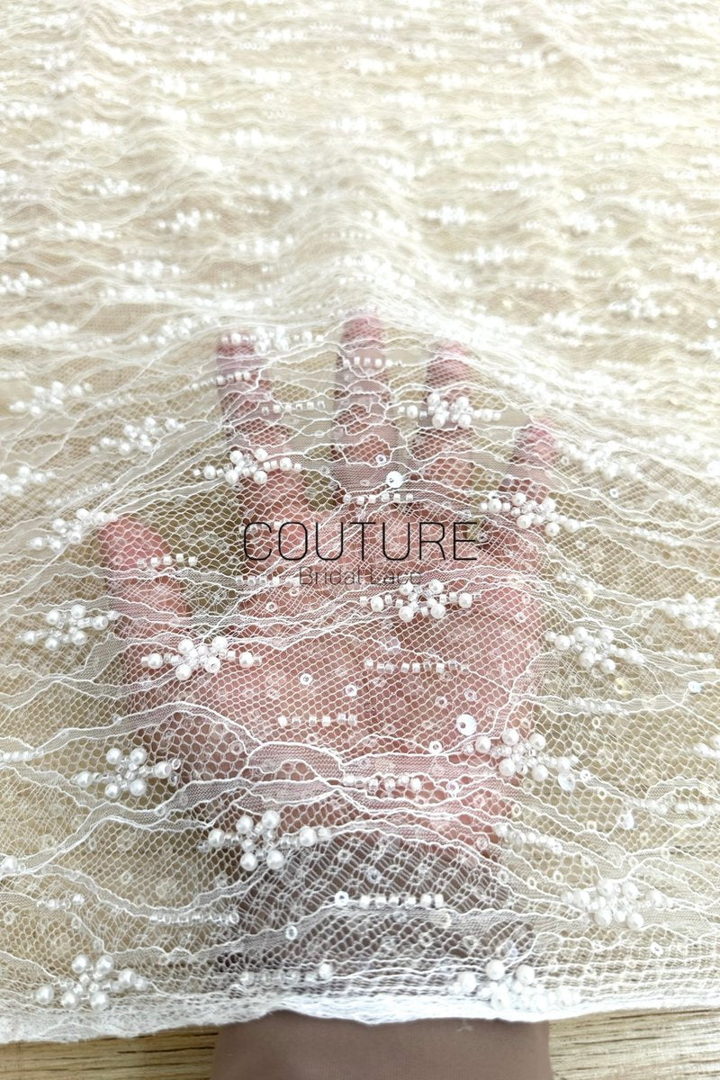 Beaded Chantilly Lace: Ivory Delicate Floral Scrollwork with Scalloped Eyelash Fringe Edge, 3 Meters