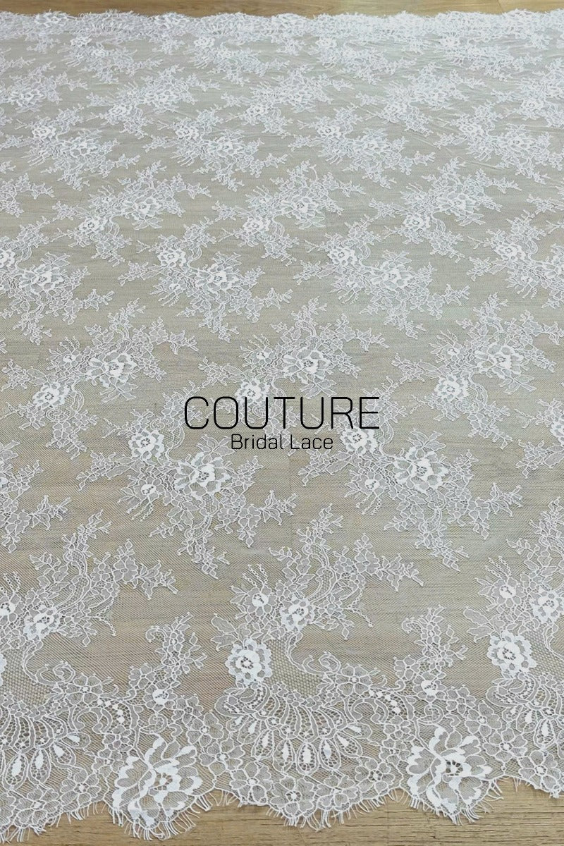 Chantilly Lace: White Scattered Rose Clusters with Vine Tendrils and Marquise Openwork Scalloped Border, 3 Meters