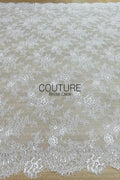 Chantilly Lace: White Scattered Rose Clusters with Vine Tendrils and Marquise Openwork Scalloped Border, 3 Meters