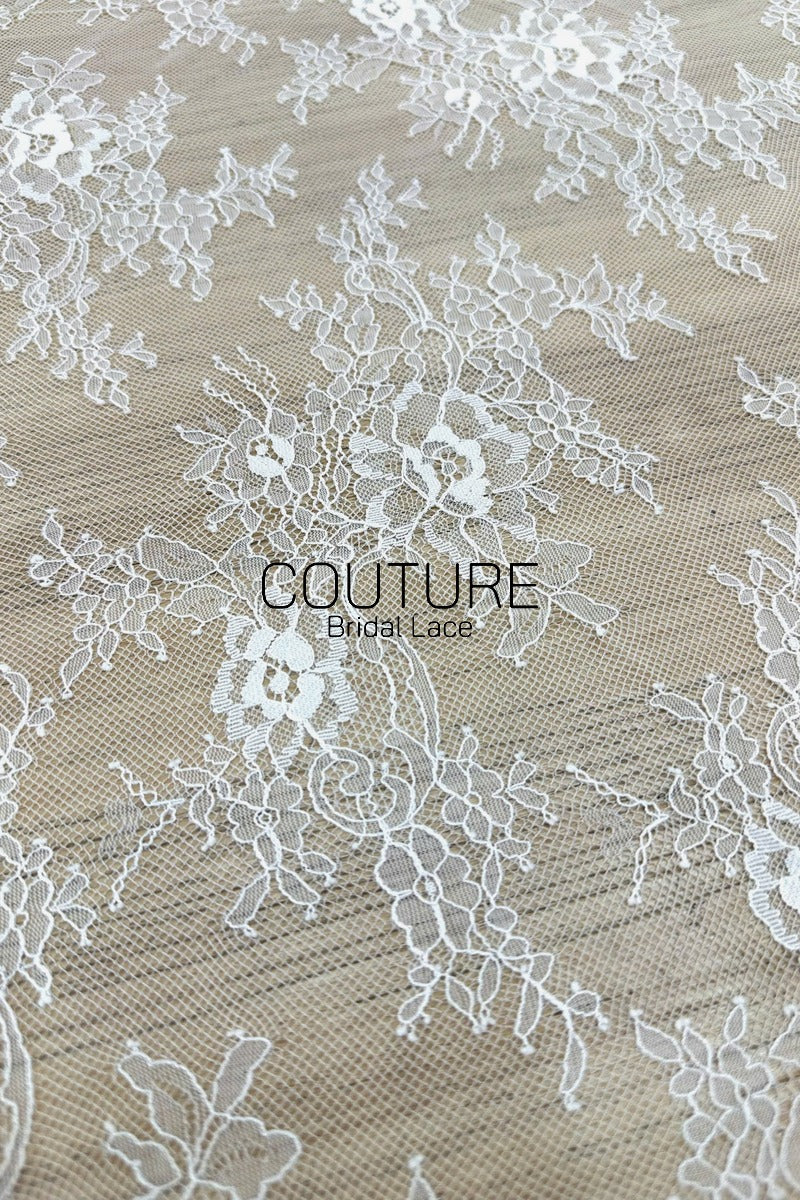 Chantilly Lace: White Scattered Rose Clusters with Vine Tendrils and Marquise Openwork Scalloped Border, 3 Meters