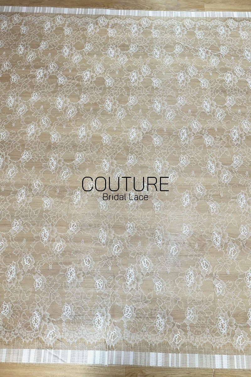 Chantilly Lace: White Allover Climbing Rose and Leaf Clusters with Straight Satin Ribbon Border, 3 Meters