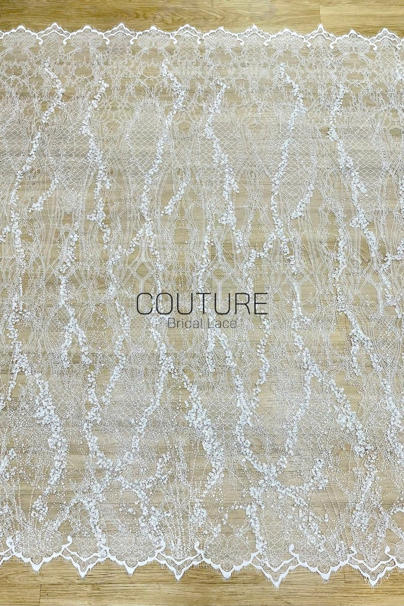 Beaded Chantilly Lace: Ivory Ornate Floral Scrollwork with Scalloped Eyelash Fringe Detailed Edge, 3 Meters