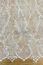 Beaded Chantilly Lace: Ivory Ornate Floral Scrollwork with Scalloped Eyelash Fringe Detailed Edge, 3 Meters