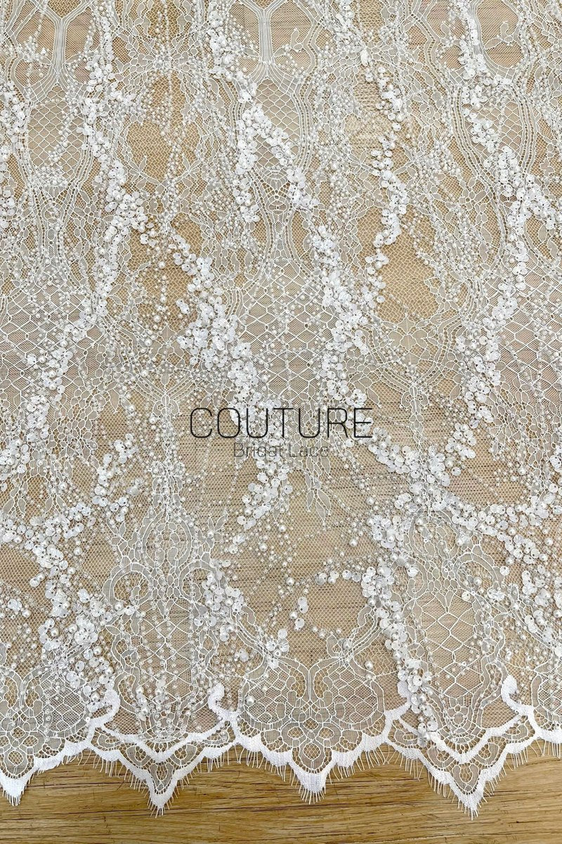 Beaded Chantilly Lace: Ivory Ornate Floral Scrollwork with Scalloped Eyelash Fringe Detailed Edge, 3 Meters