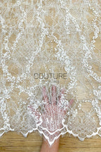 Beaded Chantilly Lace: Ivory Ornate Floral Scrollwork with Scalloped Eyelash Fringe Detailed Edge, 3 Meters
