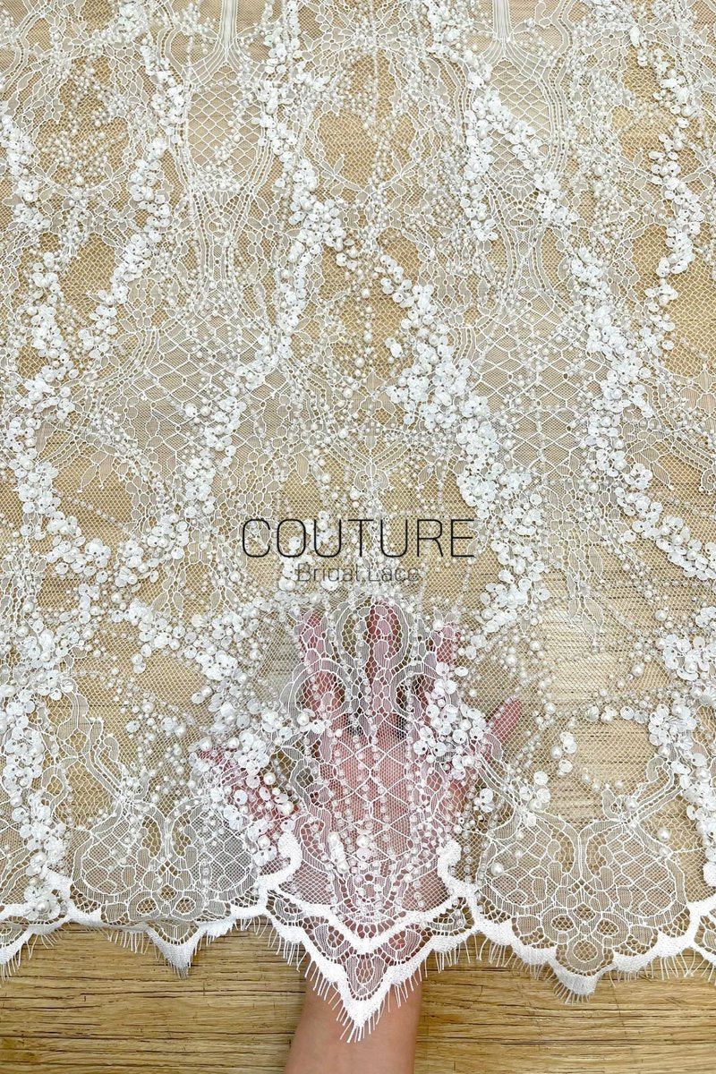 Beaded Chantilly Lace: Ivory Ornate Floral Scrollwork with Scalloped Eyelash Fringe Detailed Edge, 3 Meters
