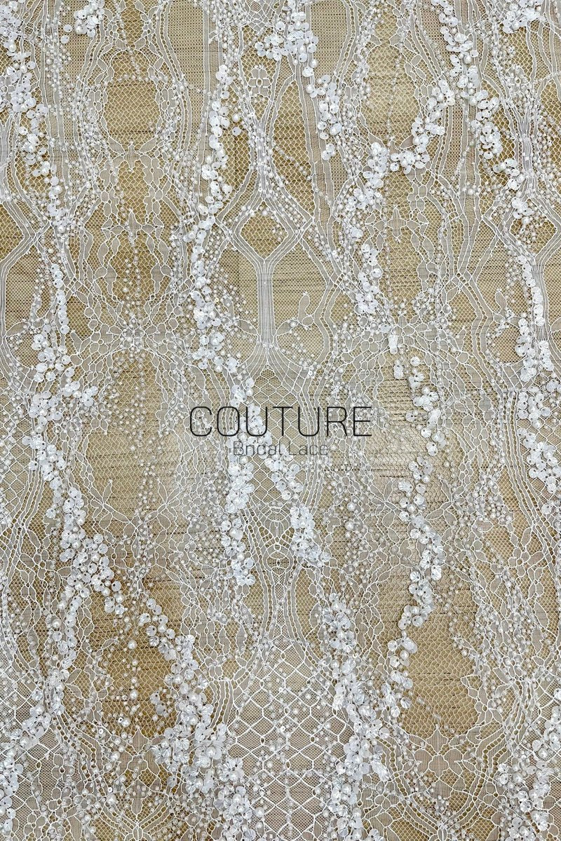 Beaded Chantilly Lace: Ivory Ornate Floral Scrollwork with Scalloped Eyelash Fringe Detailed Edge, 3 Meters