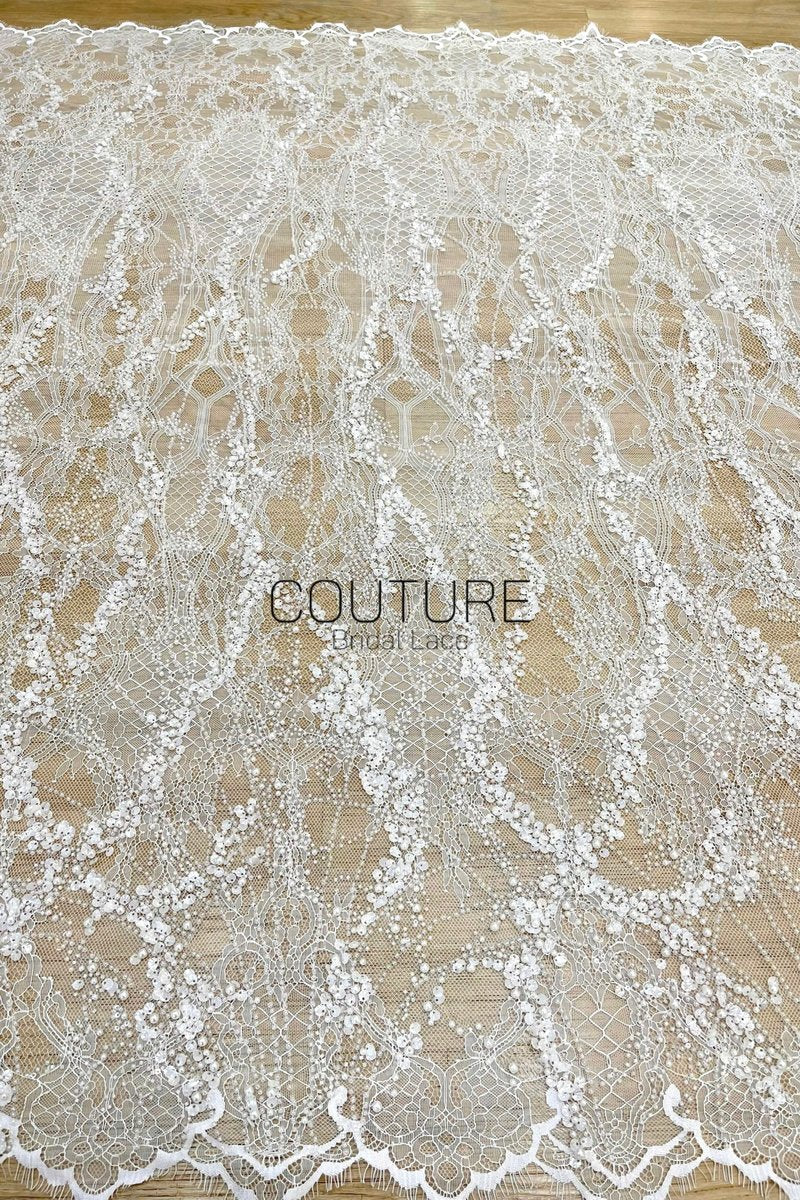 Beaded Chantilly Lace: Ivory Ornate Floral Scrollwork with Scalloped Eyelash Fringe Detailed Edge, 3 Meters