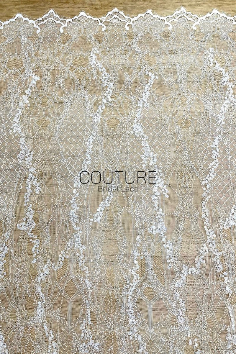 Beaded Chantilly Lace: Ivory Ornate Floral Scrollwork with Scalloped Eyelash Fringe Detailed Edge, 3 Meters