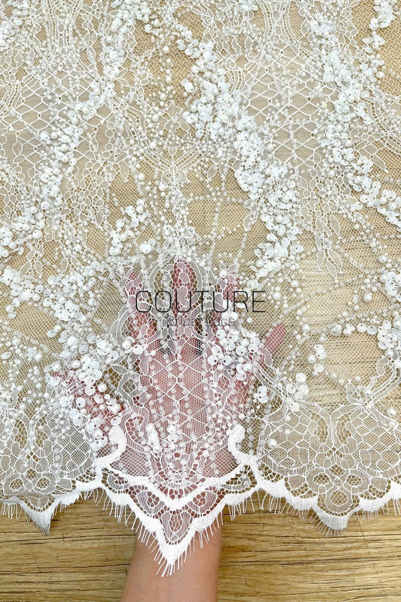 Beaded Chantilly Lace: Ivory Ornate Floral Scrollwork with Scalloped Eyelash Fringe Detailed Edge, 3 Meters