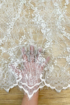 Beaded Chantilly Lace: Ivory Ornate Floral Scrollwork with Scalloped Eyelash Fringe Detailed Edge, 3 Meters