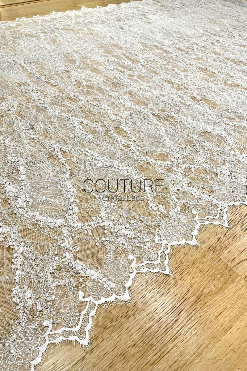 Beaded Chantilly Lace: Ivory Ornate Floral Scrollwork with Scalloped Eyelash Fringe Detailed Edge, 3 Meters