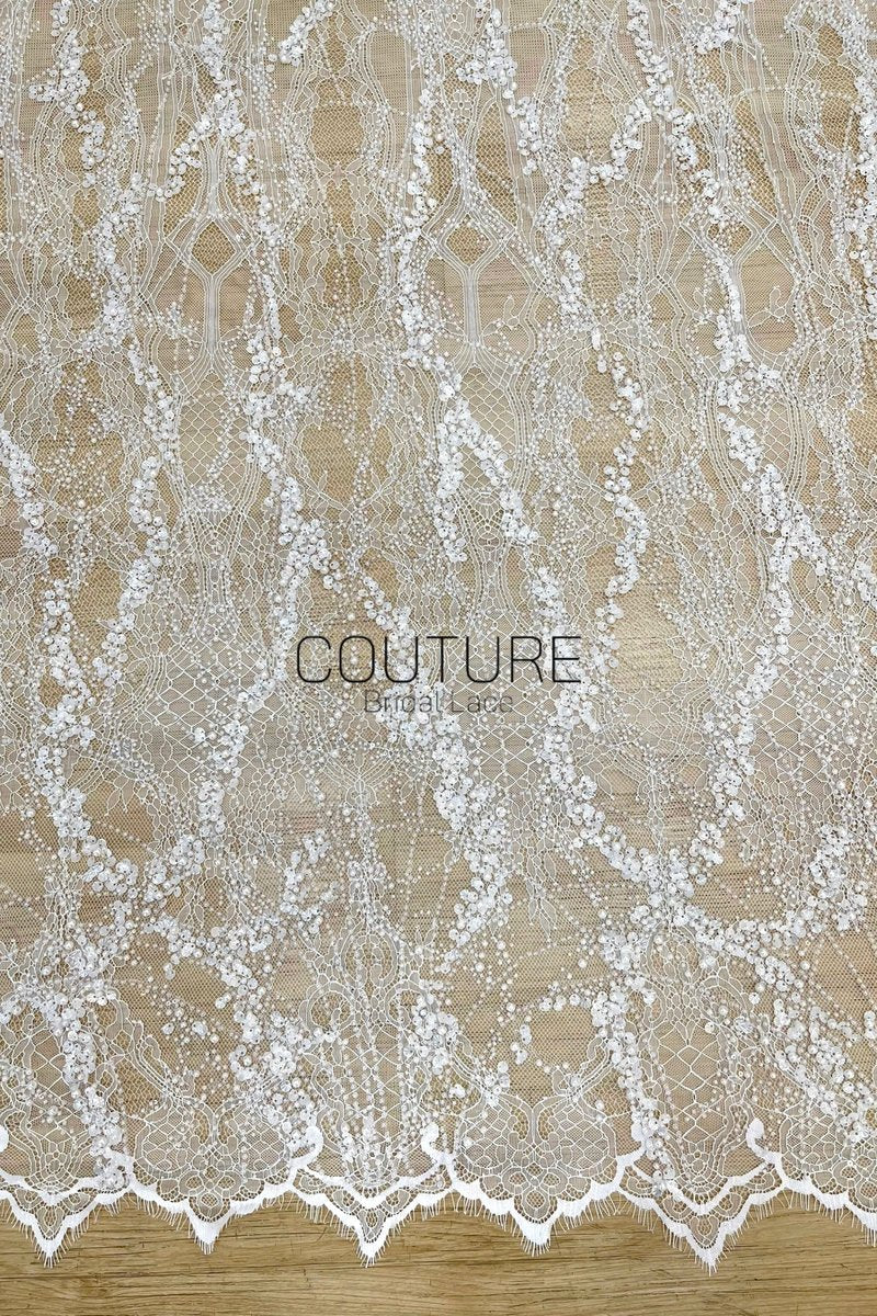 Beaded Chantilly Lace: Ivory Ornate Floral Scrollwork with Scalloped Eyelash Fringe Detailed Edge, 3 Meters