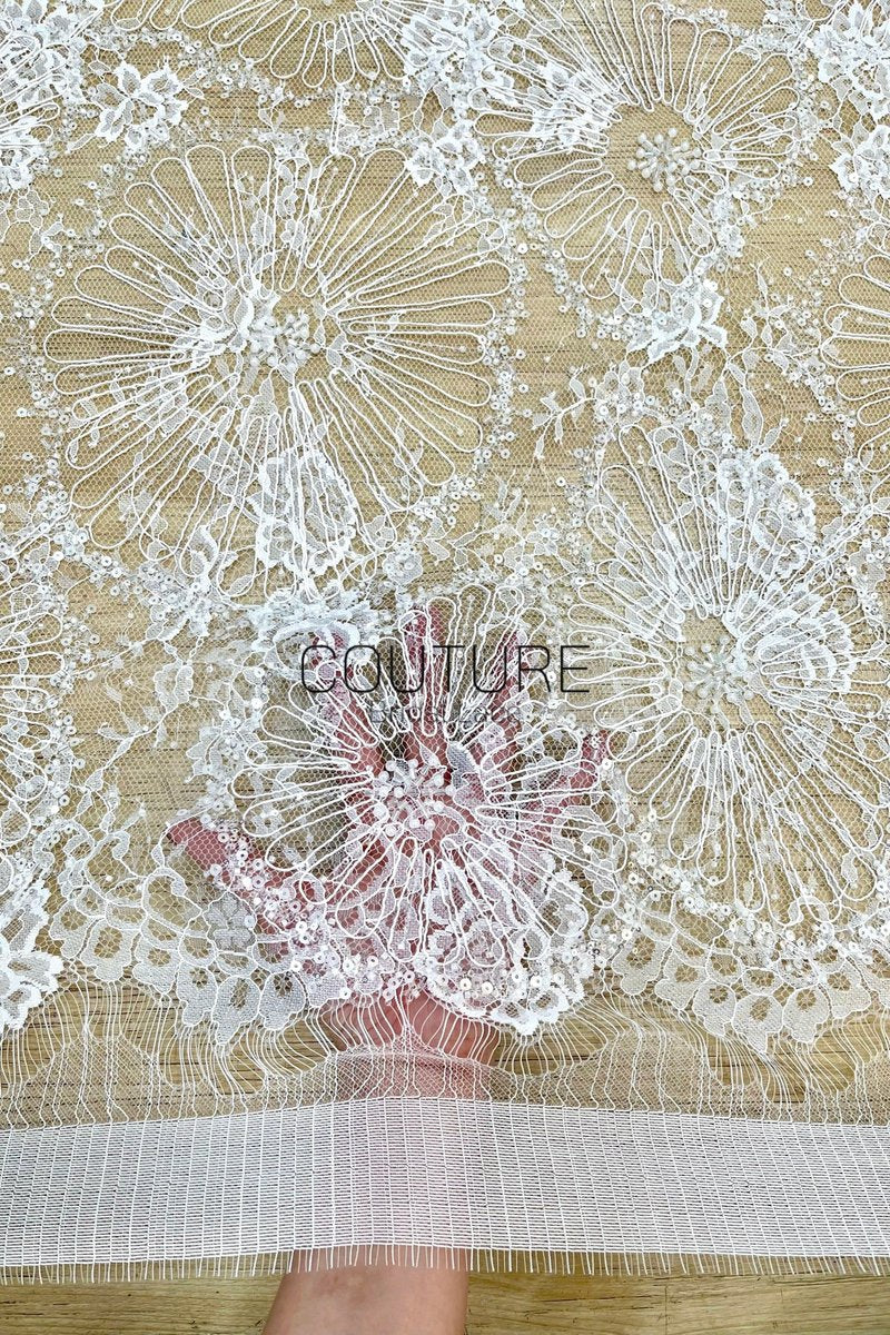 Beaded Chantilly Lace: Ivory Radiating Floral Fan Motifs with Deeply Scalloped Floral Fringed Border, 3 Meters