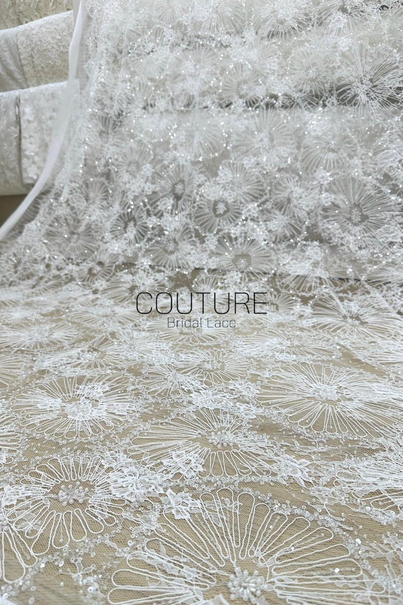Beaded Chantilly Lace: Ivory Radiating Floral Fan Motifs with Deeply Scalloped Floral Fringed Border, 3 Meters