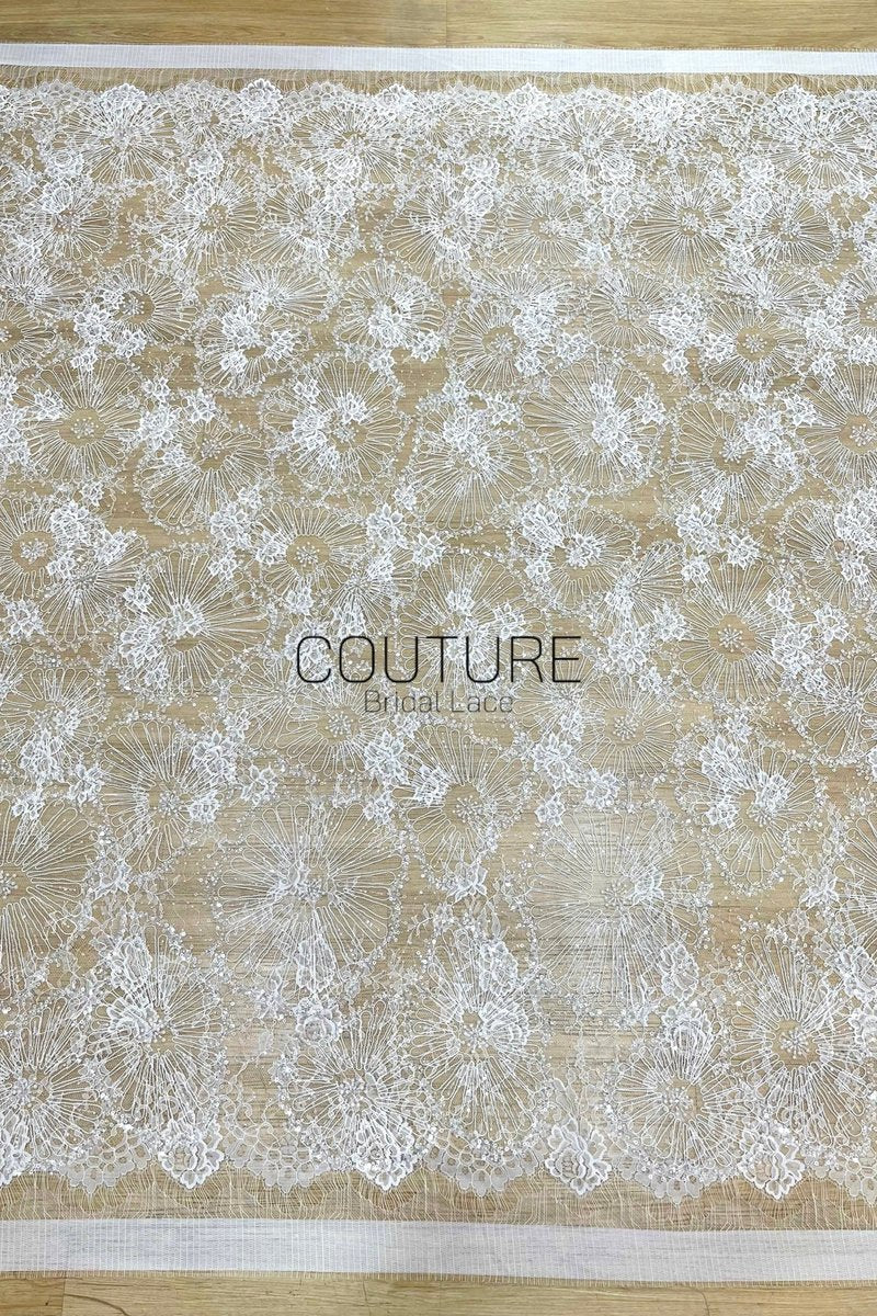 Beaded Chantilly Lace: Ivory Radiating Floral Fan Motifs with Deeply Scalloped Floral Fringed Border, 3 Meters