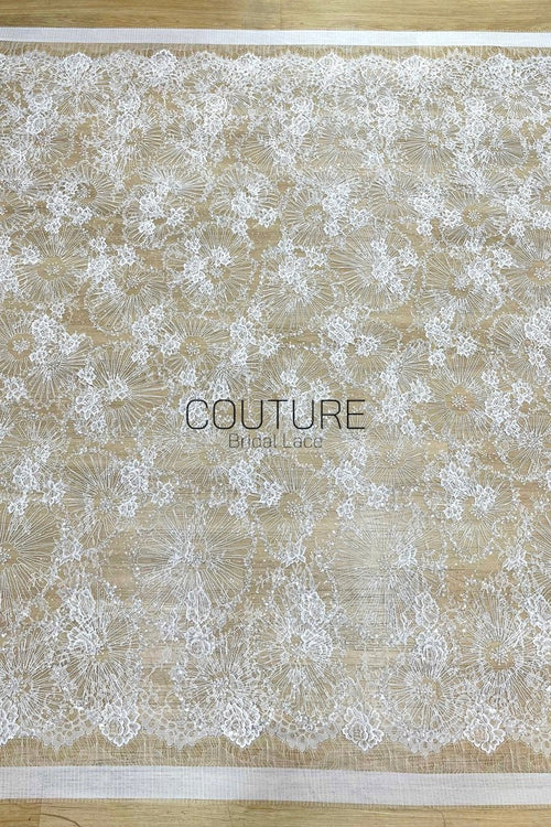 Beaded Chantilly Lace: Ivory Radiating Floral Fan Motifs with Deeply Scalloped Floral Fringed Border, 3 Meters