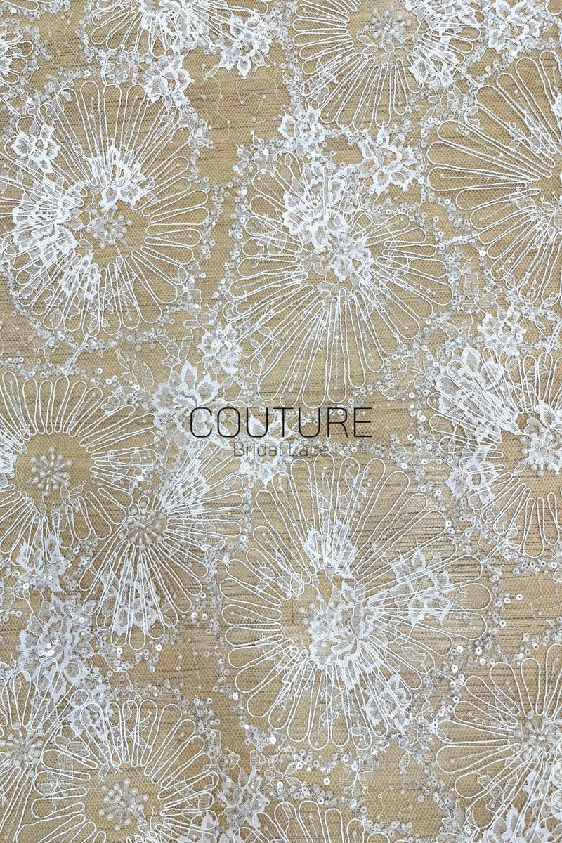 Beaded Chantilly Lace: Ivory Radiating Floral Fan Motifs with Deeply Scalloped Floral Fringed Border, 3 Meters