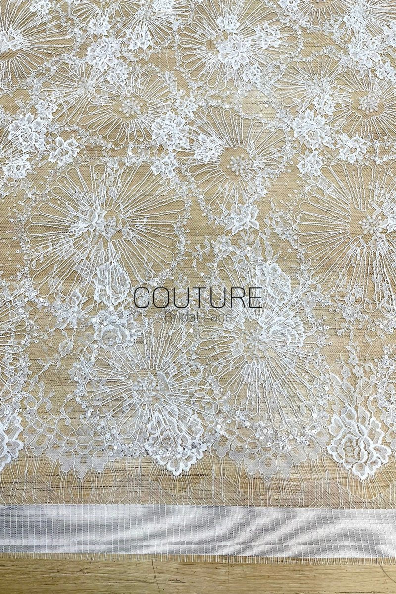 Beaded Chantilly Lace: Ivory Radiating Floral Fan Motifs with Deeply Scalloped Floral Fringed Border, 3 Meters