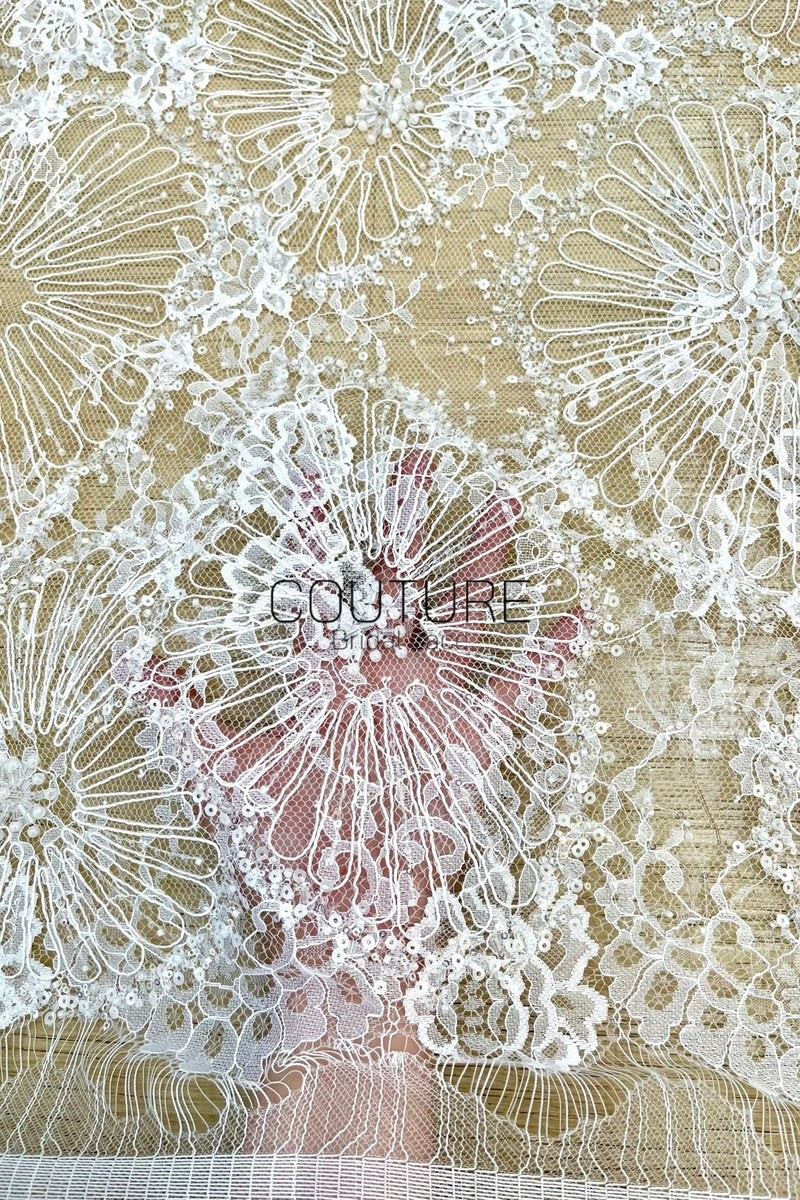 Beaded Chantilly Lace: Ivory Radiating Floral Fan Motifs with Deeply Scalloped Floral Fringed Border, 3 Meters