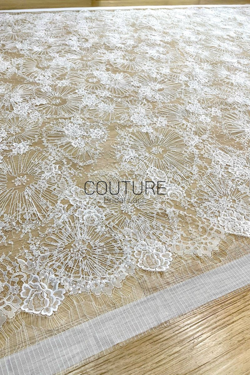 Beaded Chantilly Lace: Ivory Radiating Floral Fan Motifs with Deeply Scalloped Floral Fringed Border, 3 Meters