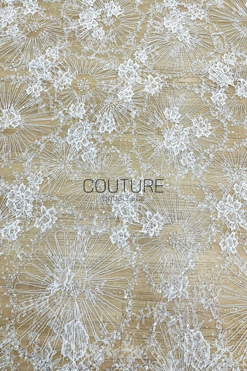 Beaded Chantilly Lace: Ivory Radiating Floral Fan Motifs with Deeply Scalloped Floral Fringed Border, 3 Meters