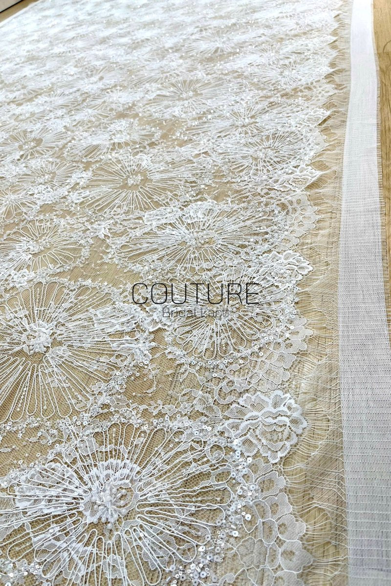 Beaded Chantilly Lace: Ivory Radiating Floral Fan Motifs with Deeply Scalloped Floral Fringed Border, 3 Meters