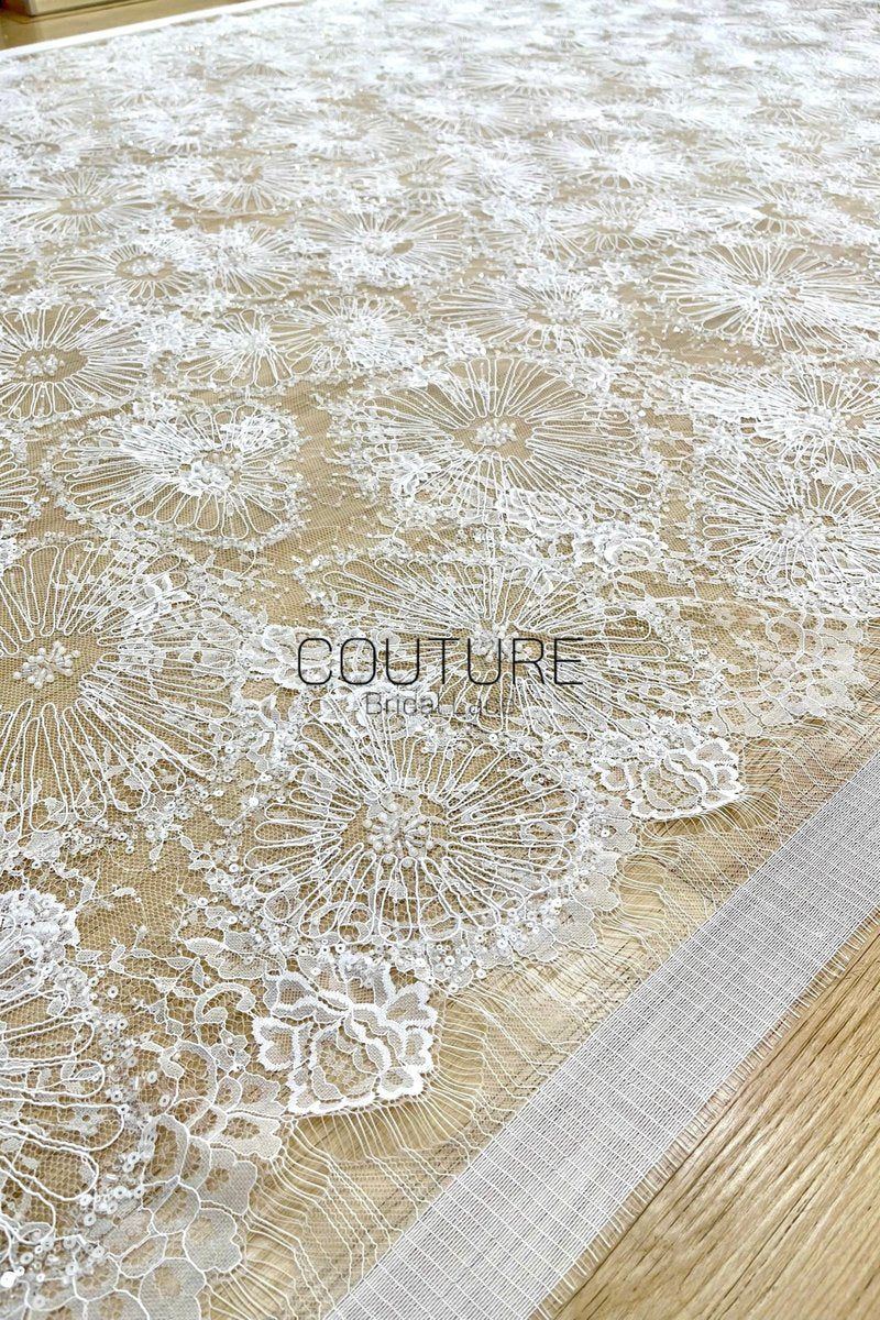 Beaded Chantilly Lace: Ivory Radiating Floral Fan Motifs with Deeply Scalloped Floral Fringed Border, 3 Meters
