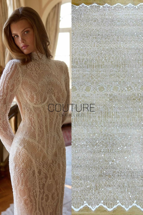 Beaded Chantilly Lace: Ivory Ornate Floral Medallion with Scalloped Eyelash Fringe Border Edge, 3 Meters