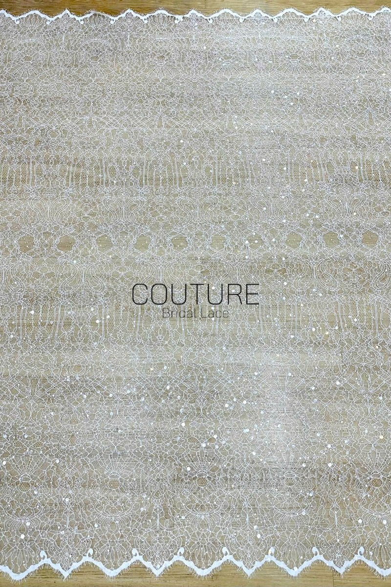 Beaded Chantilly Lace: Ivory Ornate Floral Medallion with Scalloped Eyelash Fringe Border Edge, 3 Meters