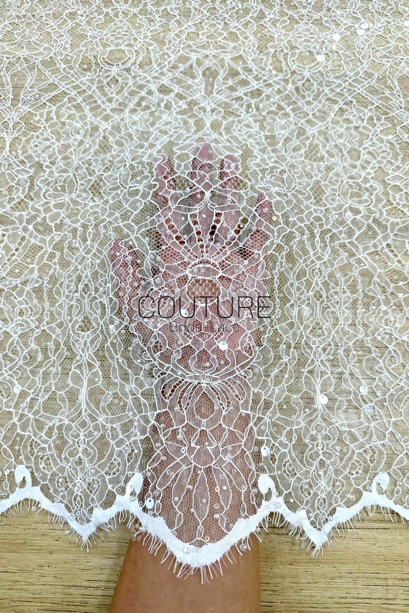Beaded Chantilly Lace: Ivory Ornate Floral Medallion with Scalloped Eyelash Fringe Border Edge, 3 Meters