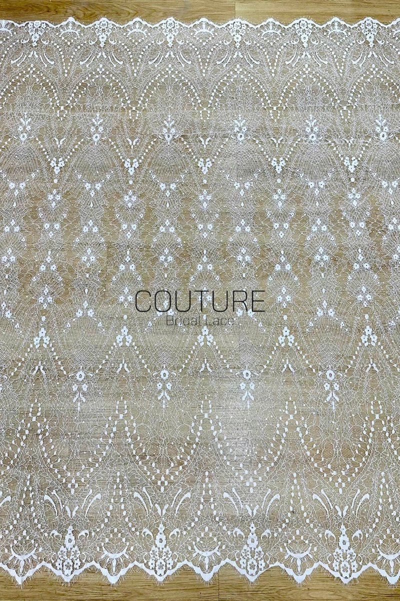 Beaded Chantilly Lace: White Delicate Floral Vine with Scalloped Eyelash Fringe Border Edge, 3 Meters